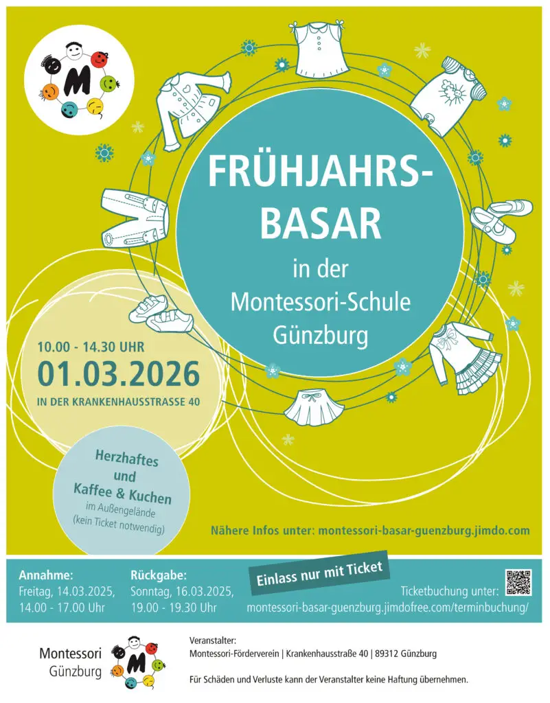 Plakat für den Montessori-Frühlingsbasar mit Datum, Uhrzeit und Veranstaltungsdetails.