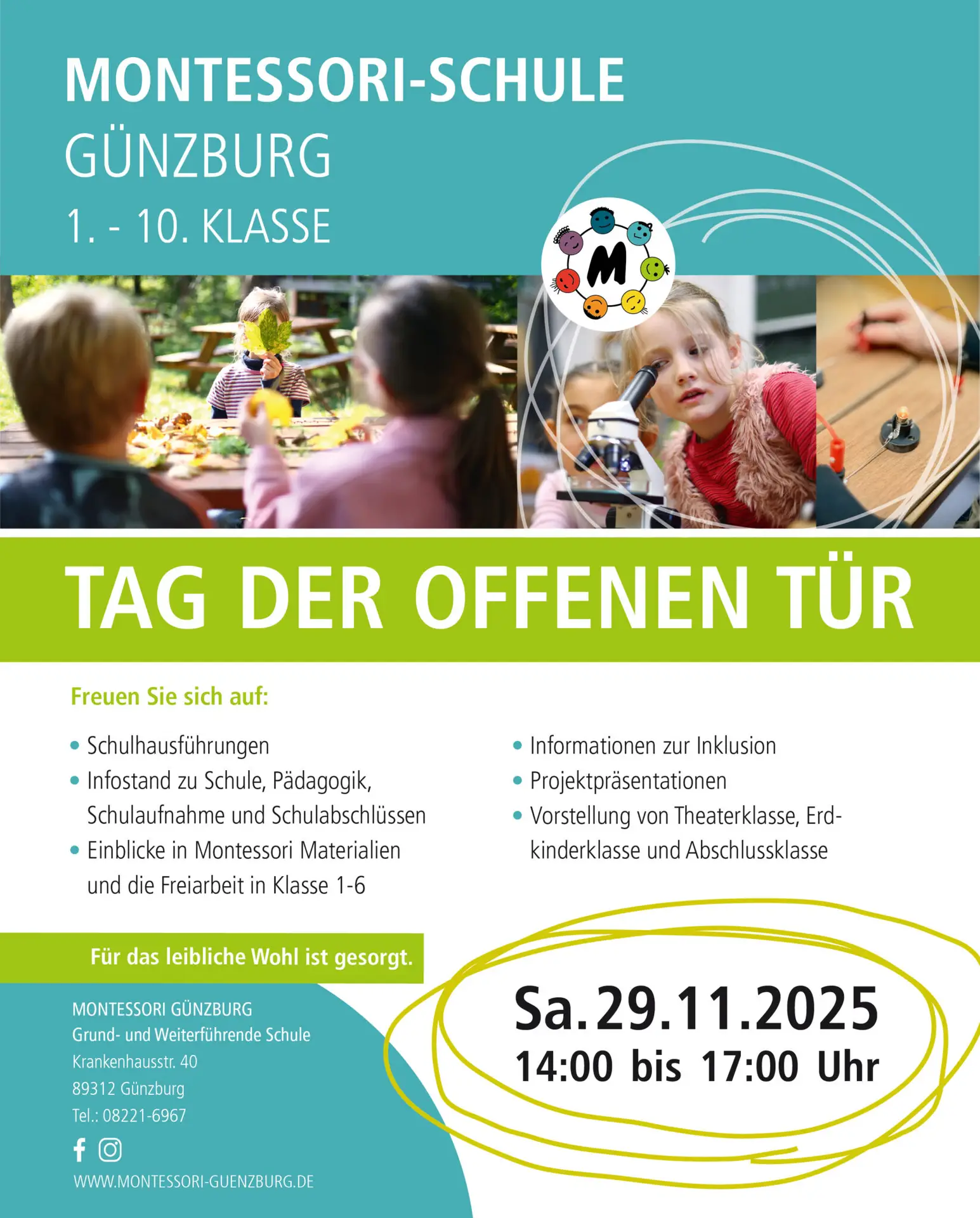 Plakat für den „Tag der offenen Tür“ der Montessori-Schule Günzburg mit Veranstaltungsdetails.