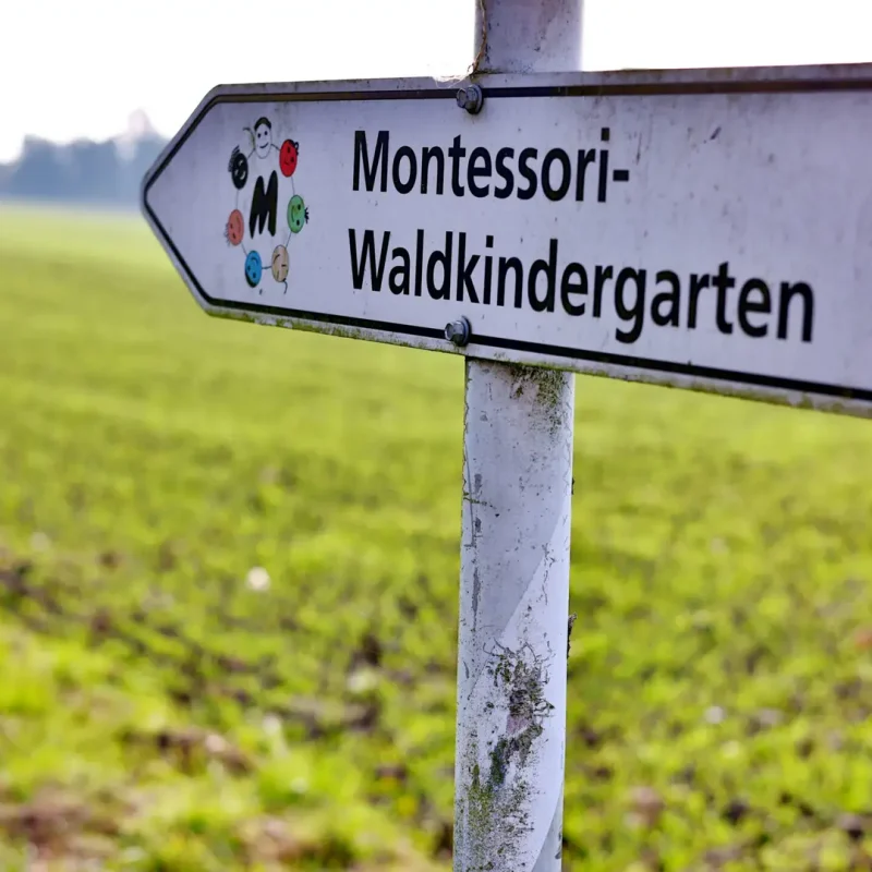 Wegweiser‐Schild zum Montessori-Waldkindergarten, aufgenommen am Rand einer grünen Wiese.