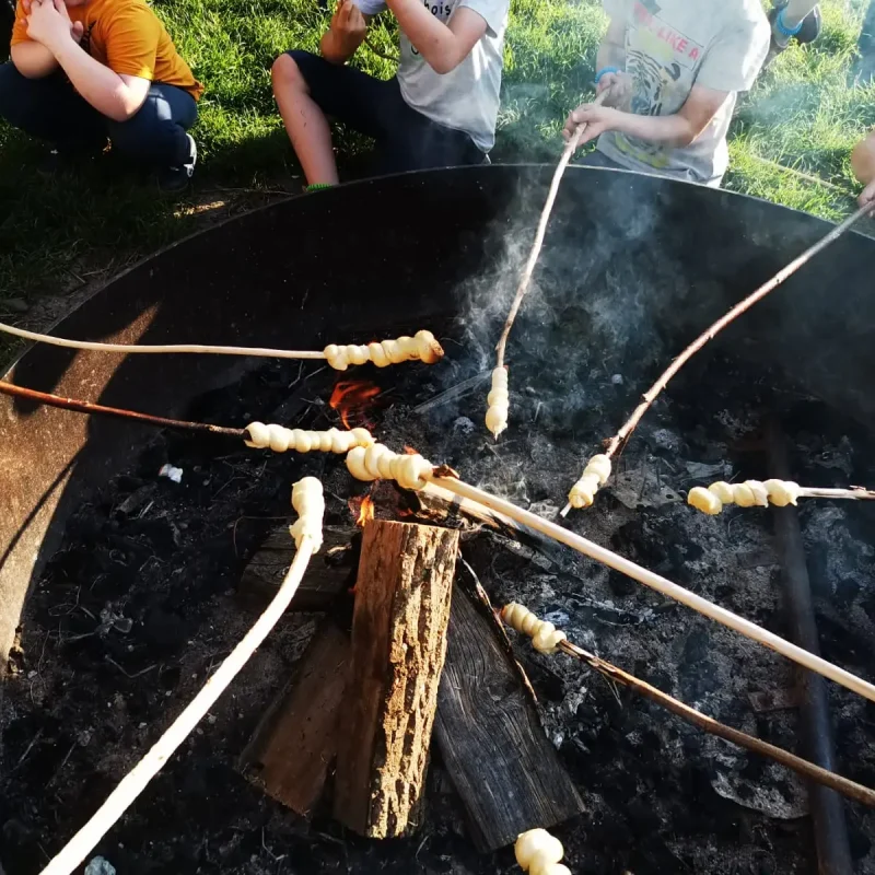 Kinder rösten Stockbrot über einem offenen Feuer während einer Gruppenaktivität.